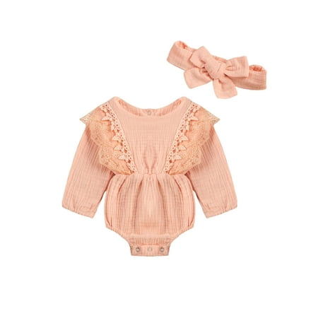 

TheFound Cute Newborn Baby Girl Rompers Headband 2pcs Long Sleeve Solid Color Lace Jumpsuit Clothes