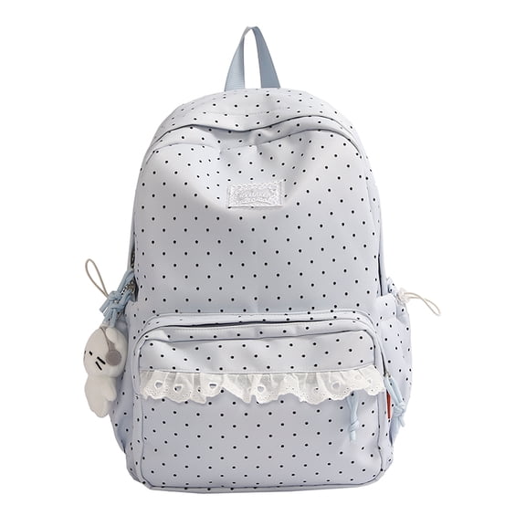 Polka Dot Backpack with Cute Lace Trim, Large Capacity Multi-Pockets Backpack with Pendant for Shopping Outdoor (Blue)