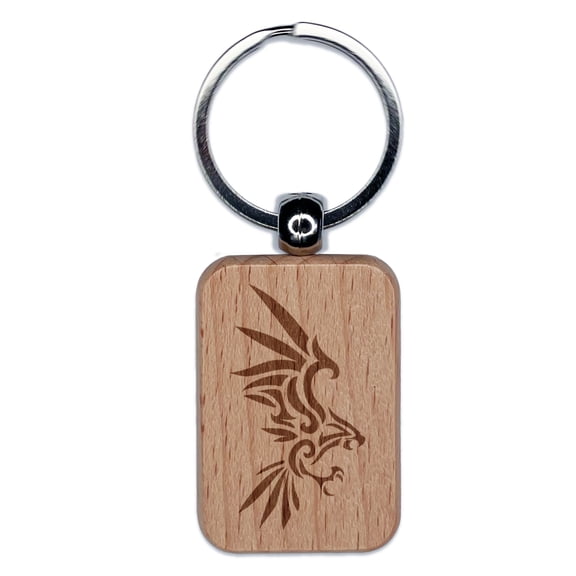 Tribal Eagle Hawk Rectangle Keychain Charm Tag - Engraved Wood