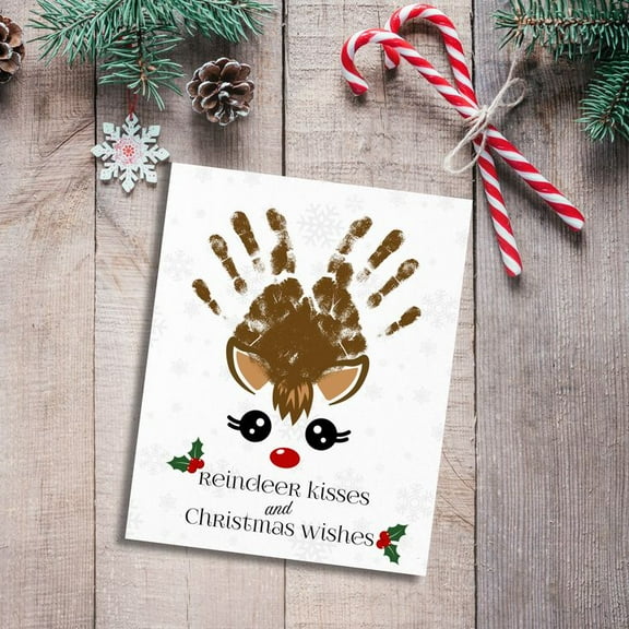 Reindeer Kisses and Christmas Wishes Card – Cute Handprint Design Greeting Card – Perfect for Holiday Greetings, Friends, Family – Envelopes Included