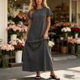 thumbnail image 7 of Vivianyo HD Women's Pluse Size Casual Crew Neck Light Denim Maxi Dress, Womens Loose Straight Short Sleeve Long Dresses for Vacation, Women's Black, Sizes S-5XL, 7 of 7