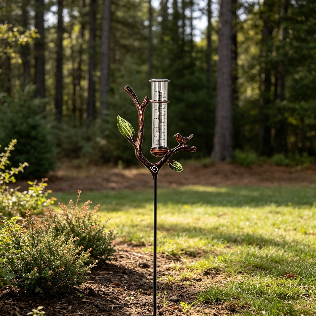 Artistic Nature Themed Rain Meter For Outdoor Spaces Crafted From Premium Metal And Acrylic