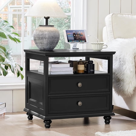 Farmhouse Nightstand with Charging Station 24 Wide End Table with 2 Drawers Black Dresser for Bedroom Bed Side Table Chest of Drawers Cabinet Wood Night Stand for Living Room Closet
