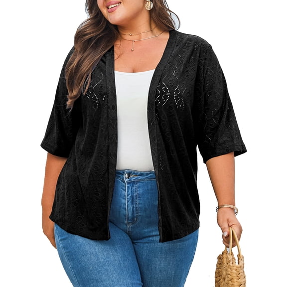 DOKOTOO Plus Size Cardigan for Women Summer Half Sleeve Cutout Cover Ups Open Front Cardigans Black L US12-14