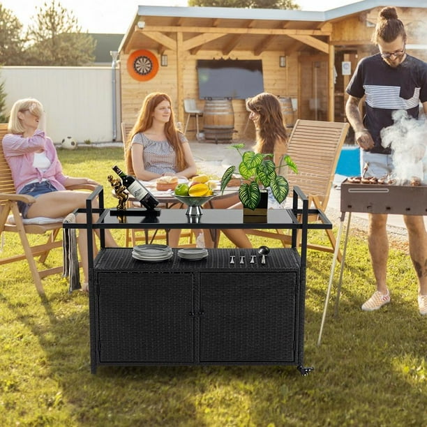 Patio Storage MATONELL Outdoor Bar Cart Table, Large Wicker Island