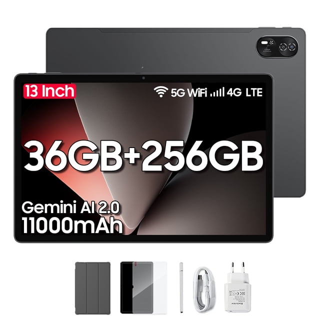 tableta blackview mega 8 4g de 13 pulgadas, 36 gb de ram, 256 gb de rom, android 15 Negro — vista frontal 3/4 de pantalla 13" con biseles delgados y texto "36GB+256GB", vista trasera gris oscuro con módulo de cámara doble en esquina; accesorios: funda folio, protector de pantalla, lápiz táctil, cable USB y cargador. A menudo usada como tableta Android para productividad y consumo multimedia.