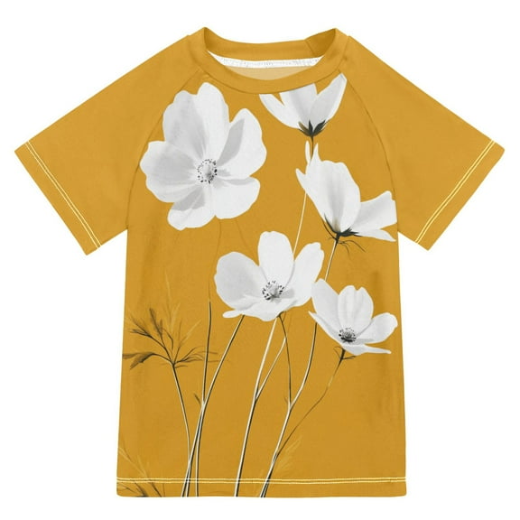 FORMRS Boys Rash Guard with Short Sleeves UPF 50  Swim Shirts Sizes 3-12T, White Flowers