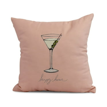 Simply Daisy, 20" x 20" Martini Glass Happy Hour, Geometric Print Outdoor Pillow, Coral