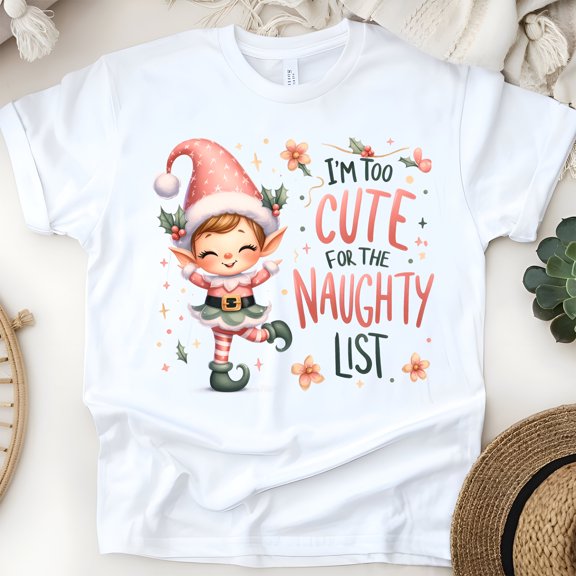 Too Cute for the Naughty List T-Shirt | Elf Holiday Graphic Tee, White, Size S