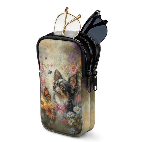 SEANATIVE Zipper Eyeglass Case for 2 Pairs of Glasses, Lightweight Glasses Case Dual Compartment Sunglasses Pouch Portable Travel Eyewear Holder Bag for Men Women, Chihuahua Dog Daisy Butterfly