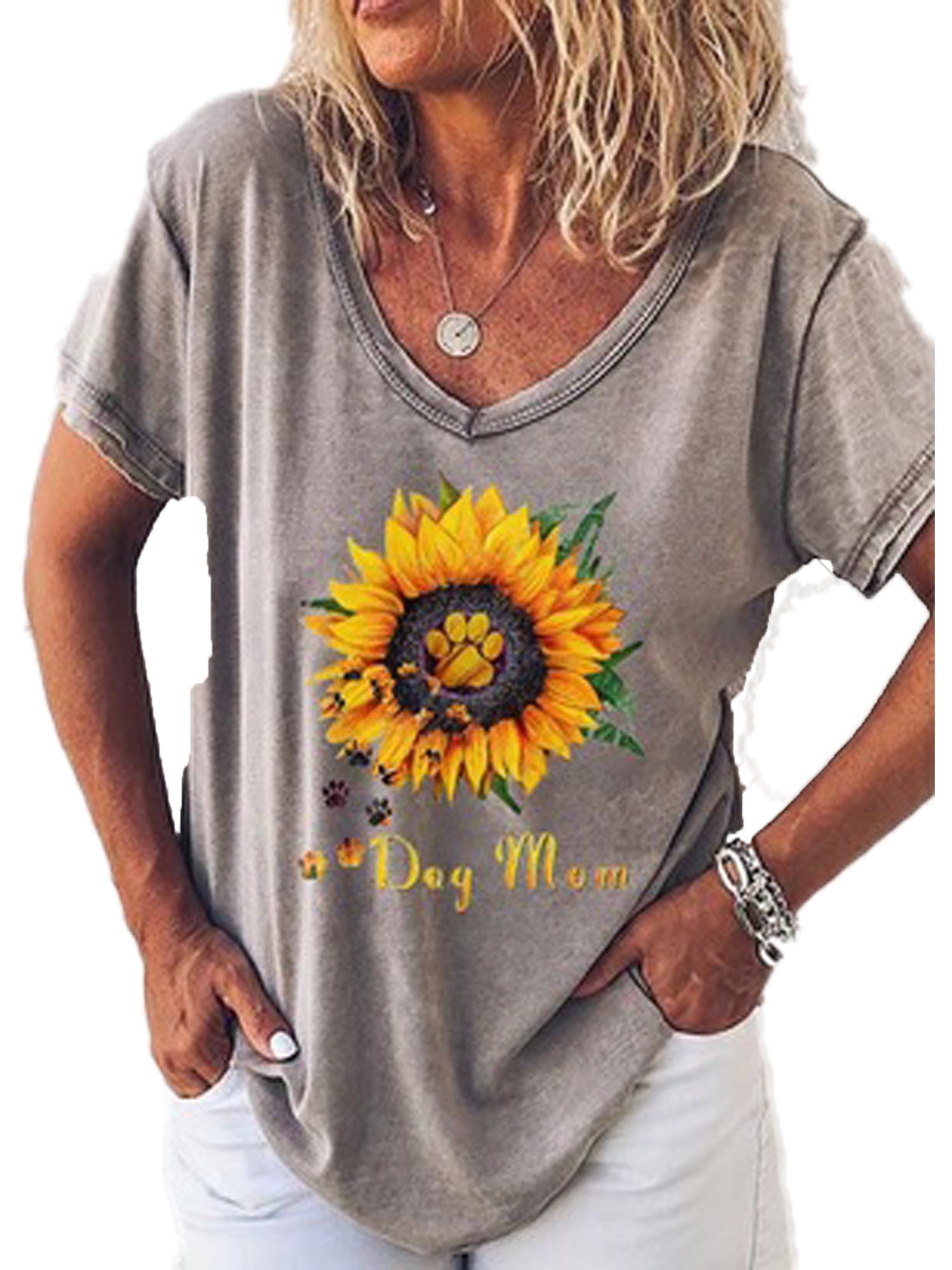 Women Ladies Loose Short Sleeve T Shirt Tops Blouse sunflower Printed Casual Tee