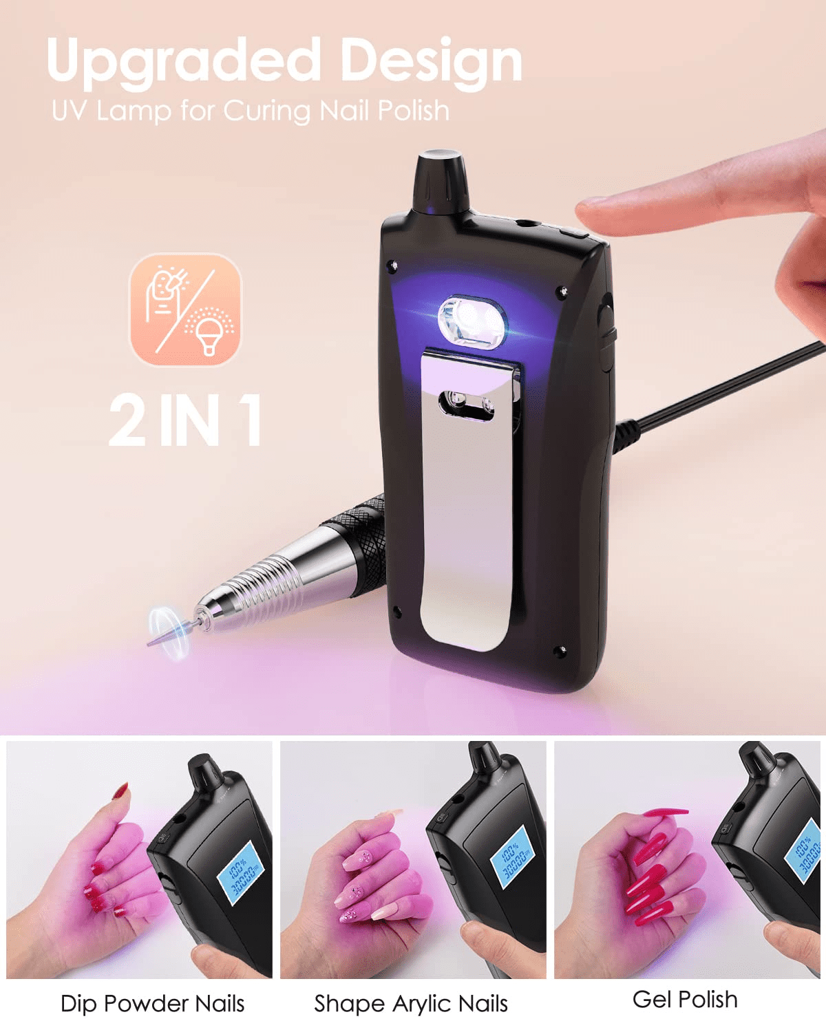 Cordless Nail Drill with 30,000 RPM & LED Display - Rechargeable Electric File with UV Lamp for Drying - Portable Manicure Tool for Acrylic Gel Nails - Low Noise Design