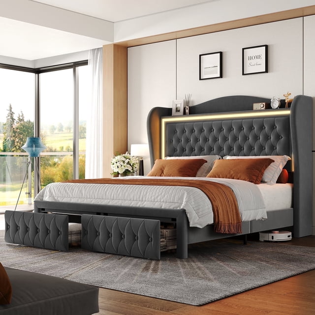 Homfa Cadre de Lit Format Grand avec Tiroirs de Rangement, Tête de Lit Rembourrée en Velours de 54 Po de Hauteur, Lit Plateforme avec Tête de Lit à Boutons Style Aile, Gris