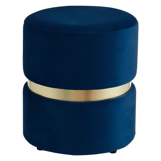 16" Royal Blue and Gold Contemporary Round Upholstered Ottoman