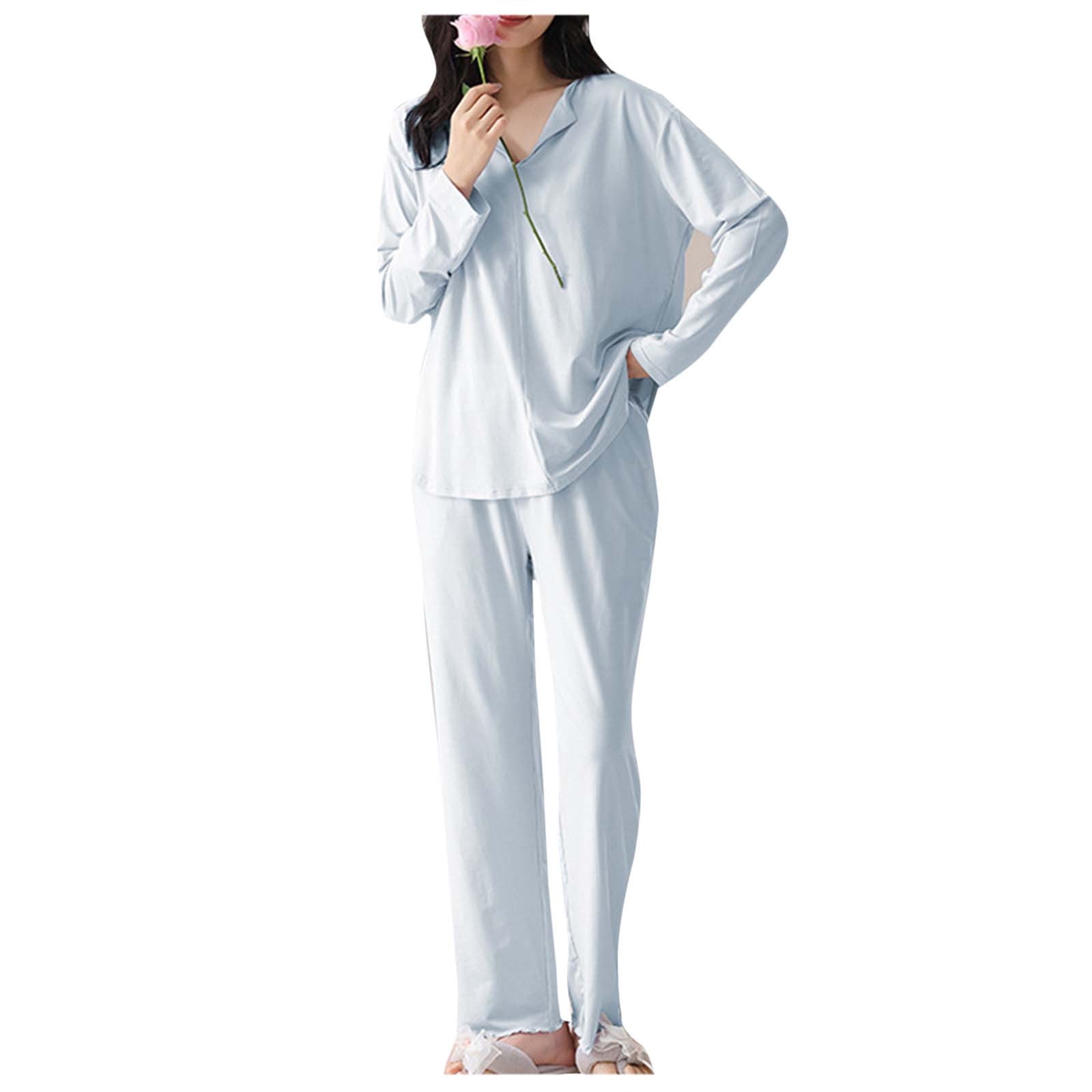 Oalirro Pajamas for Women Set 2 Piece Solid Color Soft Long Sleeve Pjs Pullover Top with Pants Breathable Loungewear Home Pajama Sets