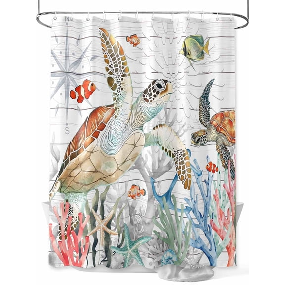 Fsddascl Brown Sea Turtle Coastal Shower Curtain Set - 72" x 78" Washable Bathtub Curtain with 12 Hooks, Summer Beach Coral Starfish Wooden Waterproof Fabric Stall Shower Curtains for Bathroom