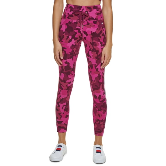 Tommy Hilfiger Sport Womens High Rise Camo Print Leggings Wineberry L