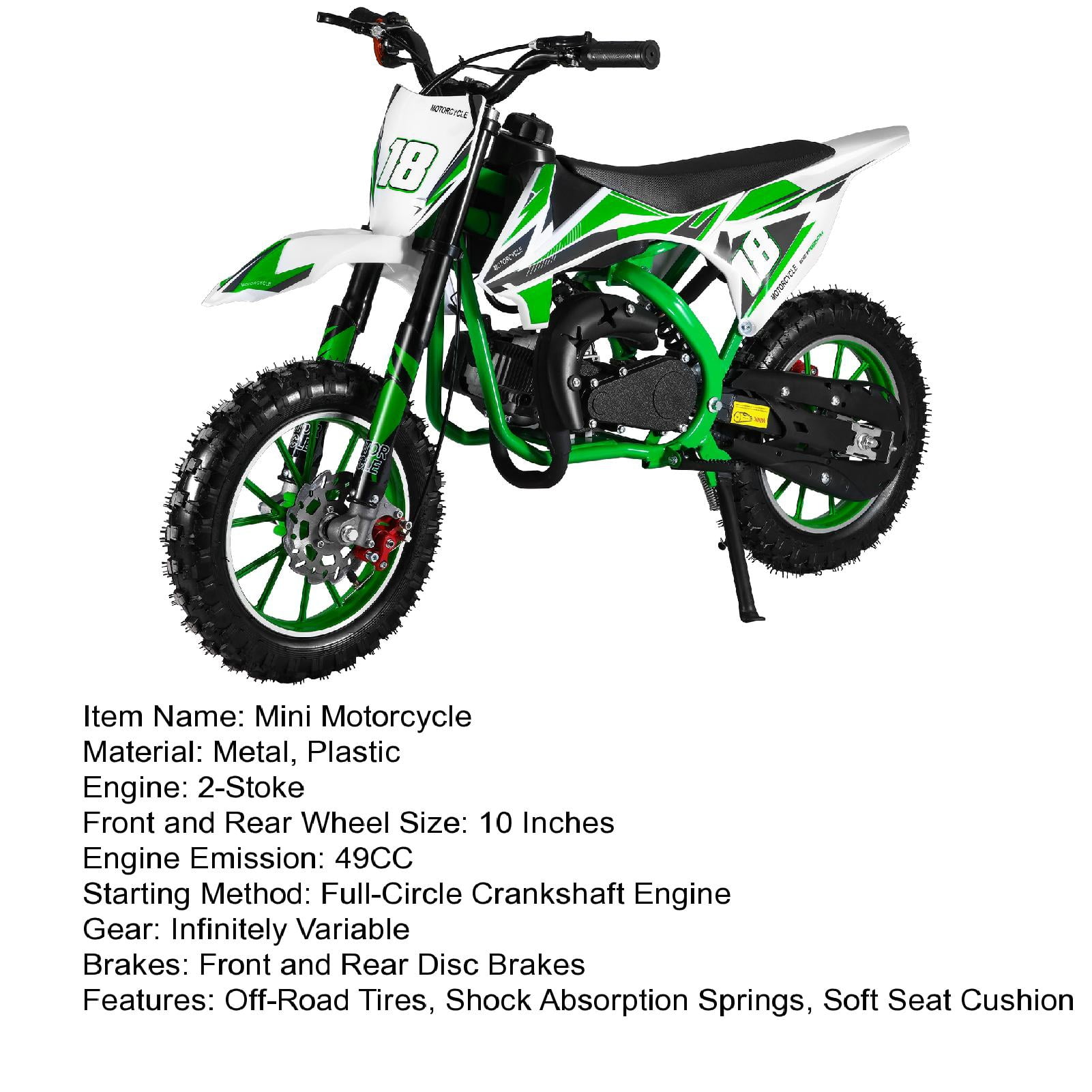 YiJin 49cc 2-Stroke Kids Dirt Bike, Gas Power Motocross, Off Road Mini Motorcycle, Pocket Mini Bikes with Front Rear Disc Brakes (Green)