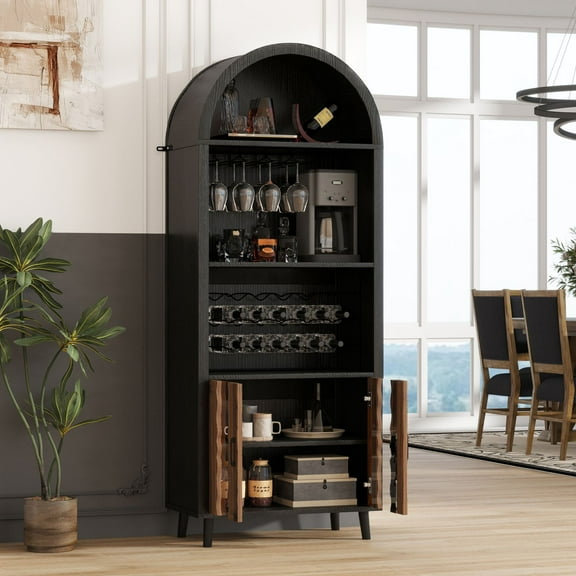 LUMAMIN Arched Bar Cabinet, 71" Tall Farmhouse Coffee Wine Bar Rack Cabinet with Glass Holder and Wine Rack for Living or Dining Room, Black