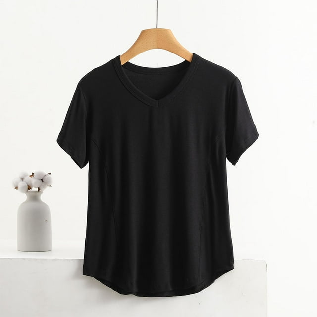 Pijama de manga corta para mujer, color liso, manga corta, camiseta fina, pijama de manga corta, blusa de poliéster