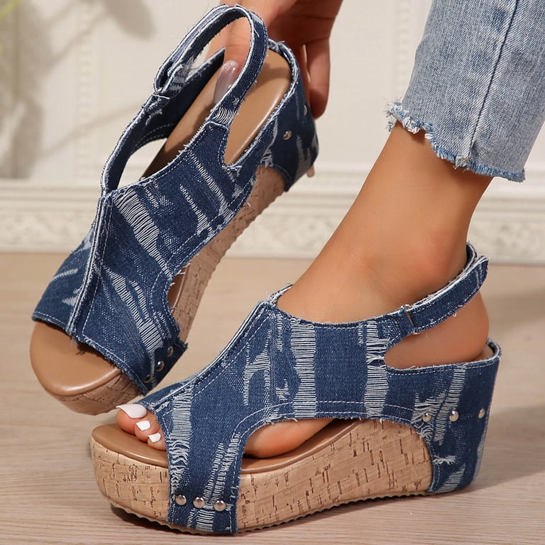 Mostsola Women's Denim Wedge Sandals Peep Toe Slip on Platform