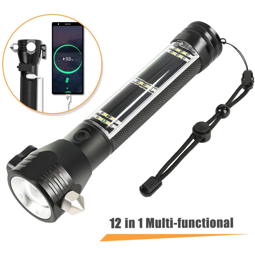 12 IN 1 Solar Powered LED Car Flashlight MultiFunction Solar Escape