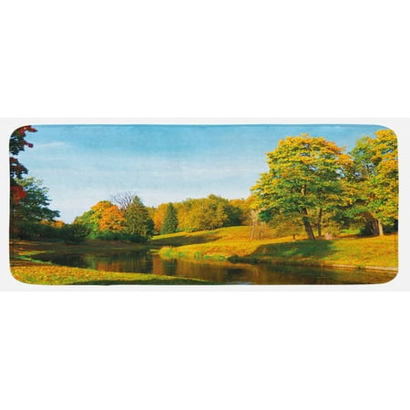 

Landscape Kitchen Mat Scenery View Natural Forest Park with Trees and River Photo Image Plush Decorative Kitchen Mat with Non Slip Backing 47 X 19 Marigold and Olive Green by Ambesonne
