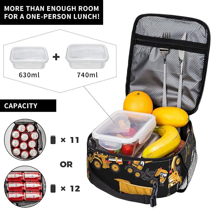 Road Roller Bulldozer Dumper Lunch Box Insulated Soft Bag Reusable Cooler Bag For Women&Men Work Picnic Hiking