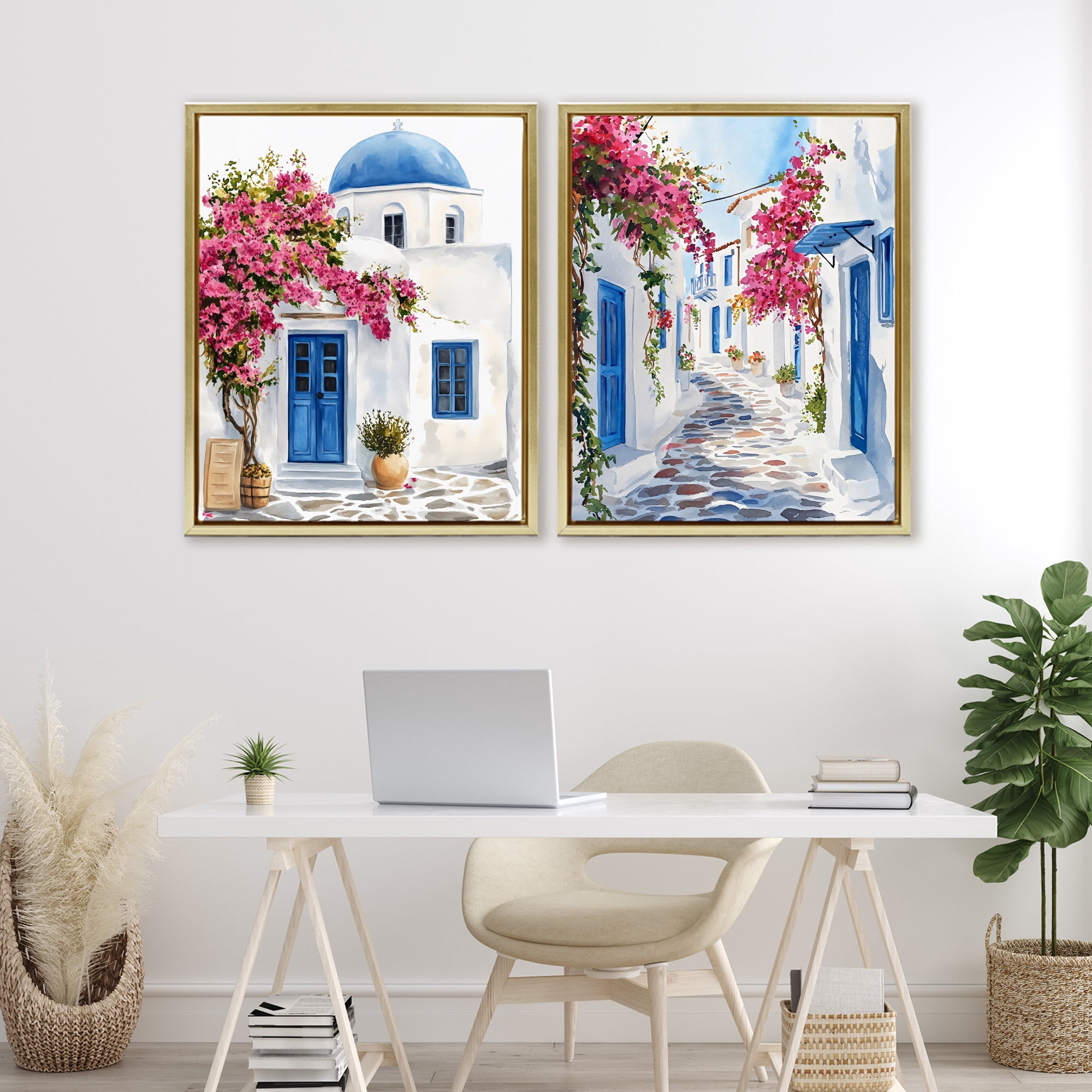 Stupell Industries Santorini House with Pink Tree 2 Piece Gold Framed Floater Canvas Set, design by LSR Design Studio