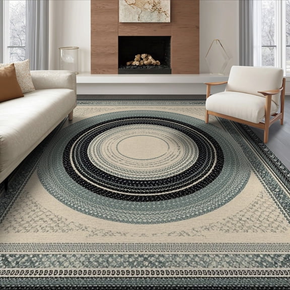 ODIKA 8'x10' Washable Area Rug Primitive Banded Rings Vintage Spiral Motif Concentric Ring Folk for Dining Room, Large Office, Lounge, Non-Slip Chair-Friendly Mat