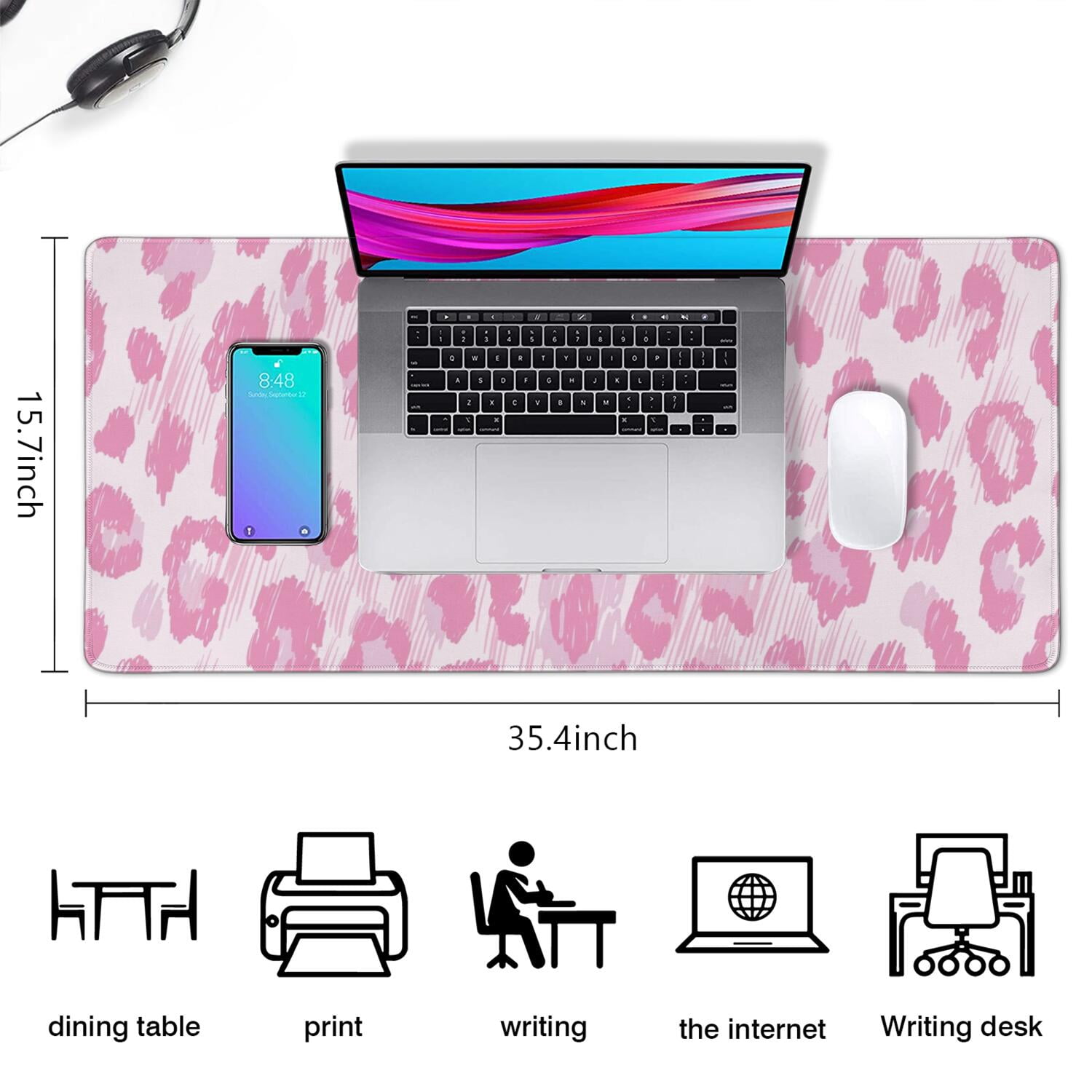 Long Mouse Pads for Desk,Pink and Pink Of Leopard Print Desk Mats on Top Of Desks, Desk Mouse Pad Extra Large with 3mm Non-Slip Base and Stitched Edge for Gaming,Office,Work,Home 35.4"x15.7"