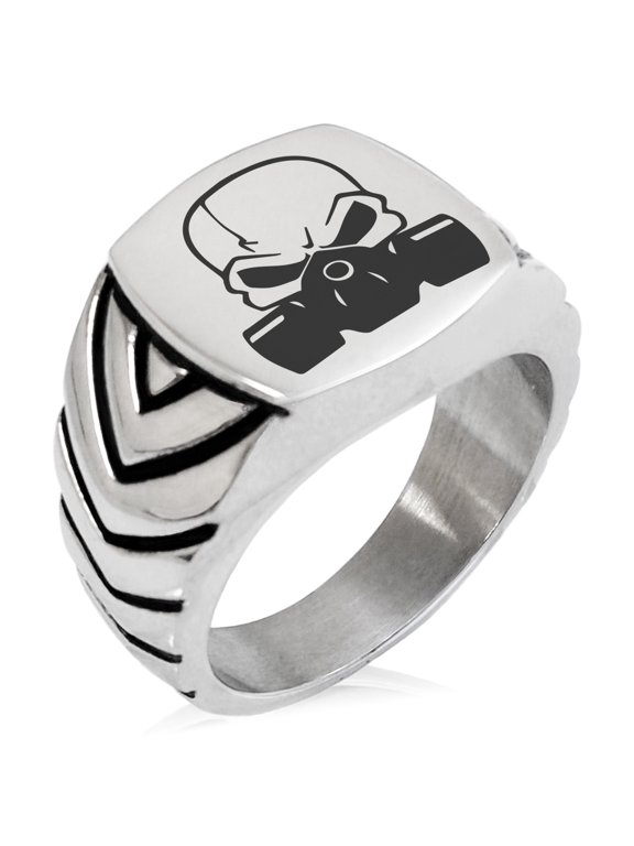 Stainless Steel Biohazard Death Skull Chevron Pattern Biker Style Polished Ring