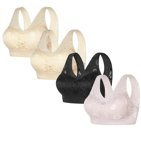 REORIAFEE Women s Bras 4 Pack Gathered Together No Wire Bras Floral Prints Brassiere Comfy Wide Strap Breathable Corset Underwear Comfortable Classic Support Lingerie Pink XXL