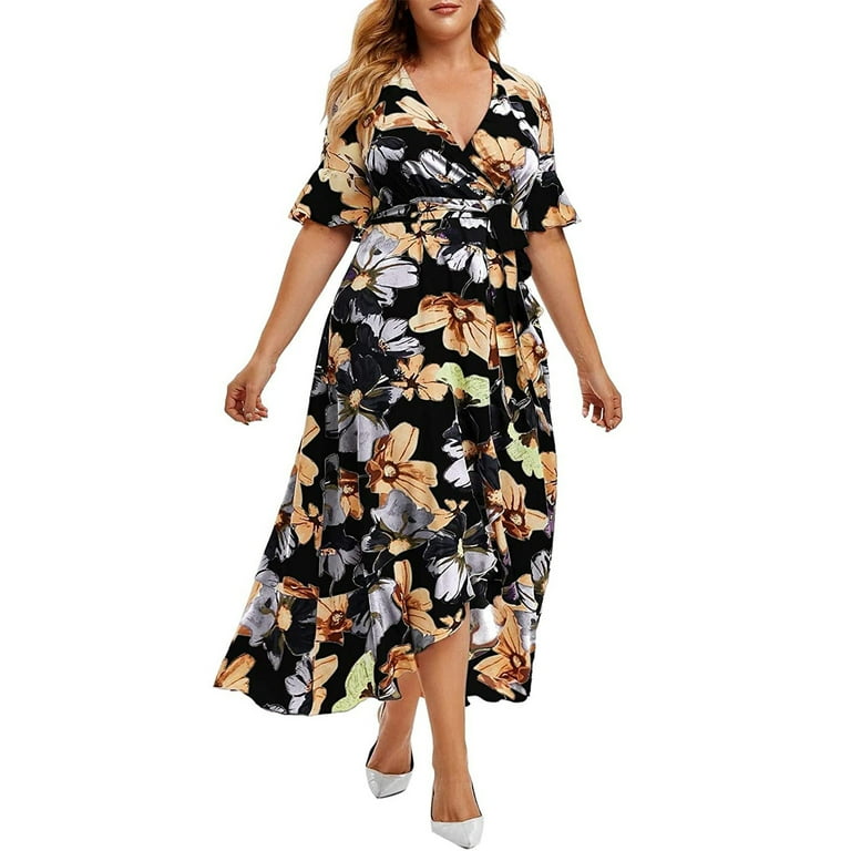 ZVAVZ vestidos elegantes de mujer para fiesta largos, Summer Womens Plus  Size Floral Lace Dress Round Neck Short Sleeve Wedding Guest Cocktail Dress  plus size formal dresses for women evening party 