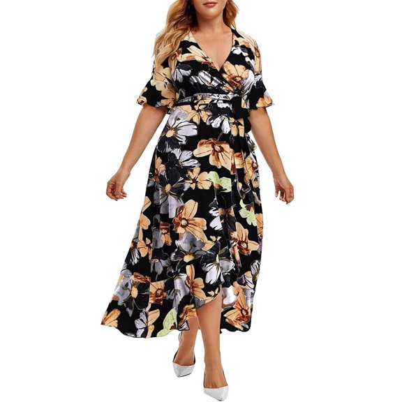 Giftesty Womens Plus Size Dresses Clearance Plus Size Women V-Neck Bandage Floral Printing Short Sleeve Dress