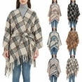 thumbnail image 7 of Xfvqtps Women Cape with Belt Color Blocking Irregular Plaid Pattern Knitting Warm Loose Windproof Coldproof Warm Winter Long Coat Light Blue, 7 of 7