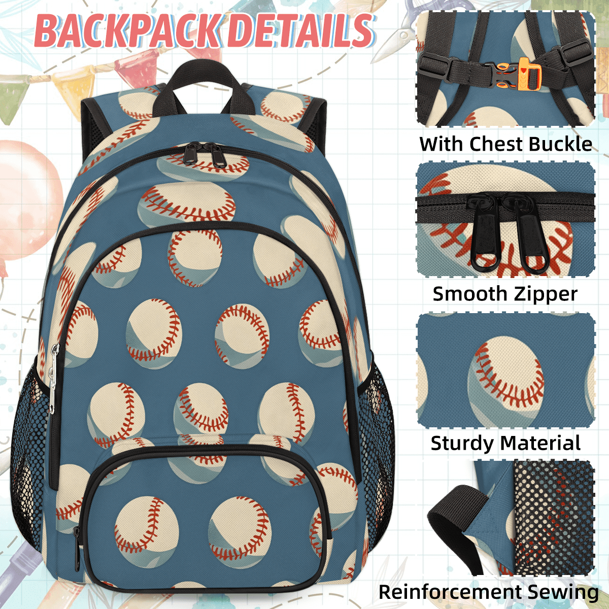 Herdesigns Baseball Large Backpack Set with Lunch Box Lightweight Water Resistant Travel Laptop Backpacks Casual Daypacks for Women Men