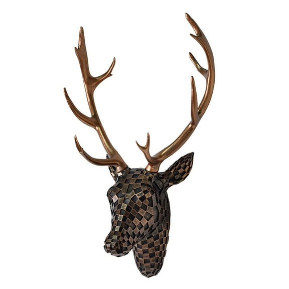 Modern Geometric Deer Head Wall Decor with Golden Antlers, Black White Checkered Resin Deer Skull Wall Mount, Artistic Home Decor for Living Room, Bedroom, Office Interior Styling
