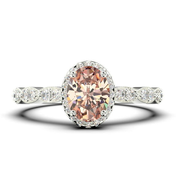 Art Deco 1.75 Carat Oval Cut Morganite And Diamond Moissanite Classic Engagement Ring, Halo Wedding Ring In 10K Solid White Gold, Gift For Her Gift For Wife, Promise Ring, Anniversary Ring