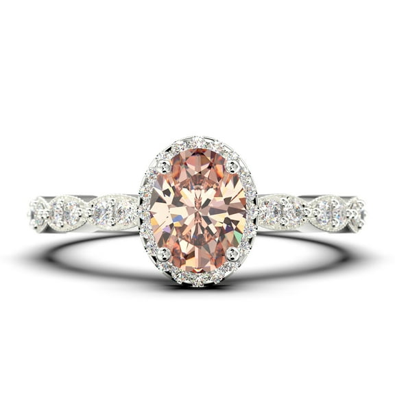 Art Deco 1.75 Carat Oval Cut Morganite And Diamond Moissanite Classic Engagement Ring, Halo Wedding Ring in 10k Solid White Gold, Gift For Her Gift For Wife, Promise Ring, Anniversary Ring