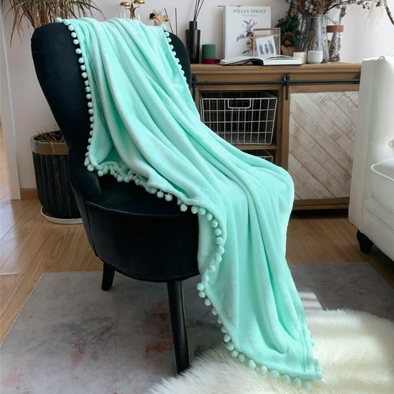 LOMAO Flannel Blanket Soft Throw Blanket with Pompom Fringe Lightweight Bed Blanket Fit Couch Sofa(40"x 50")(Pale Mint Green)
