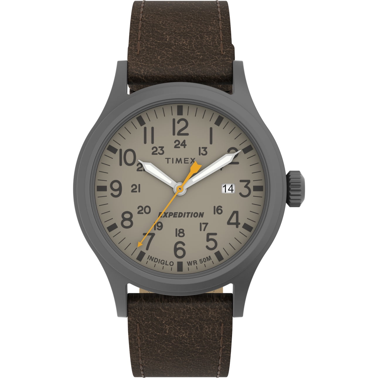 Timex Men's Expedition Scout 40mm Watch  Gunmetal Case Khaki Dial with Dark Brown Leather Strap