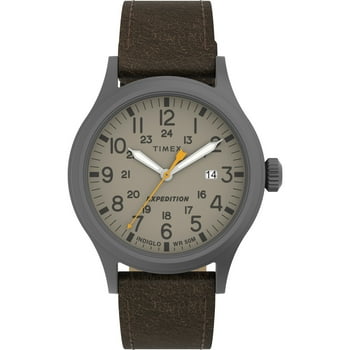Timex Men's Expedition Scout 40mm Watch  metal Case Khaki Dial with Dark Brown Leather Strap