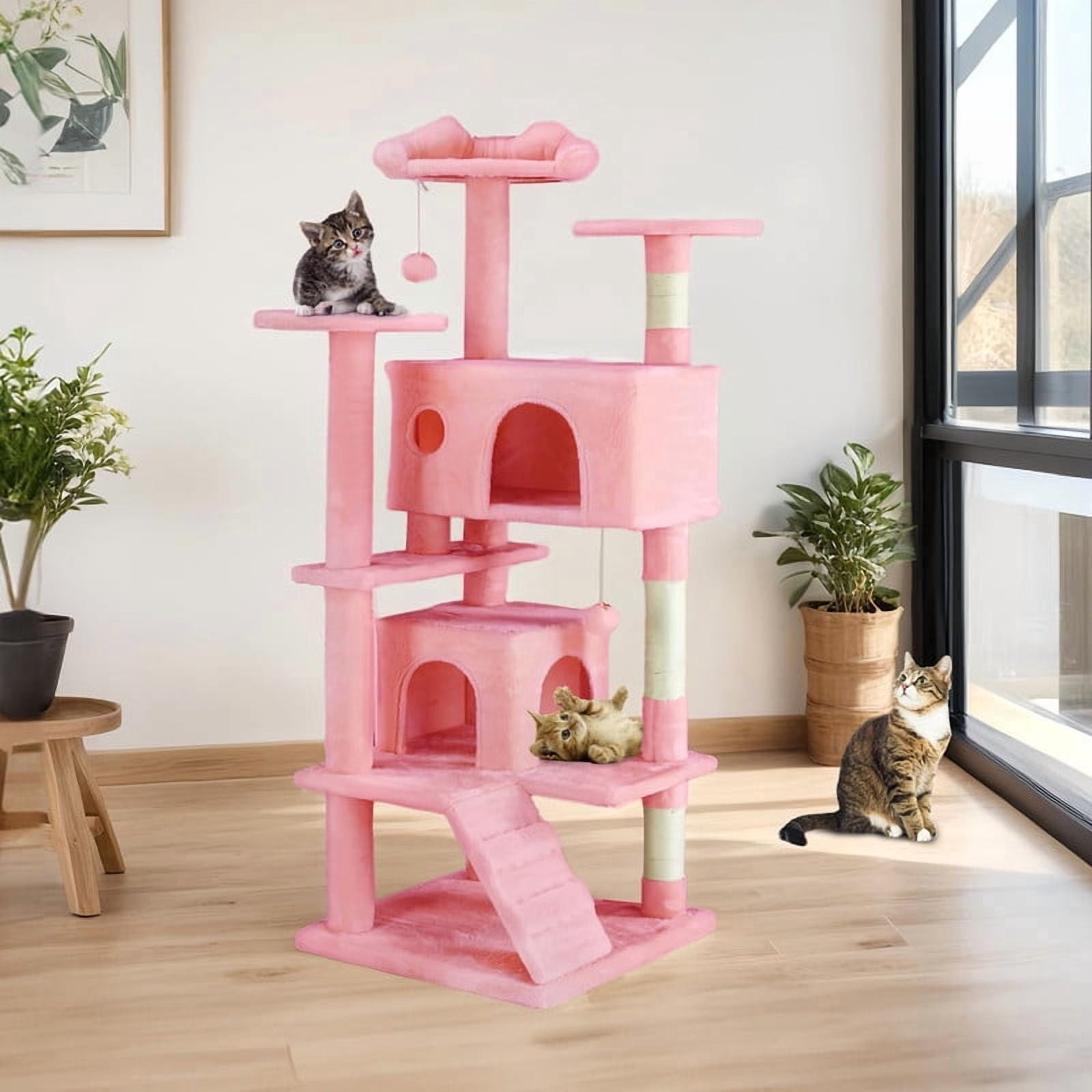 Kelno 54" Cat Tree Tower Durable Cat Climbing Tower with Sisal Scratching Posts Cozy Condo Hammock and Platforms, Pink