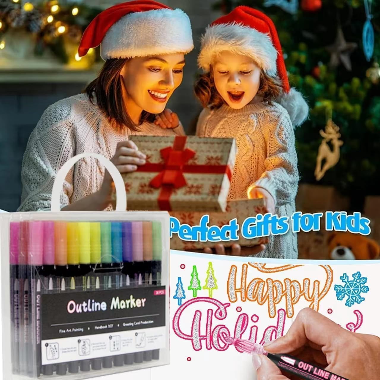 Dreamy Sparkle Dual-Line Contour Pen, 12 Colors Self-Outline Metallic Glitter Pens with 2mm Chisel Tip for Christmas Card Birthday Gift, DIY Art Crafts Doodle Drawing and Scrapbooking