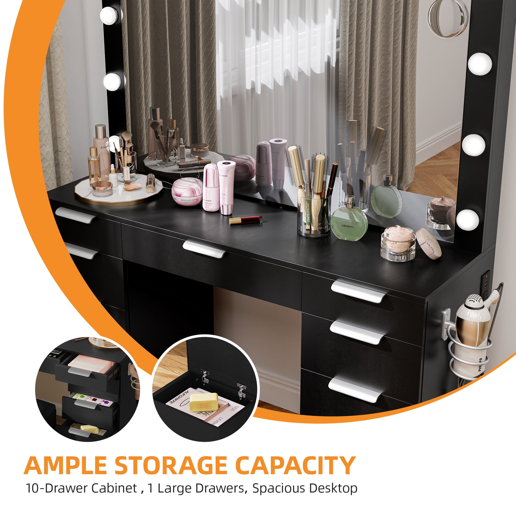 Uforic Adult 11 Drawer Vanity Set with Adjustable Lighted Mirror and Charging Station