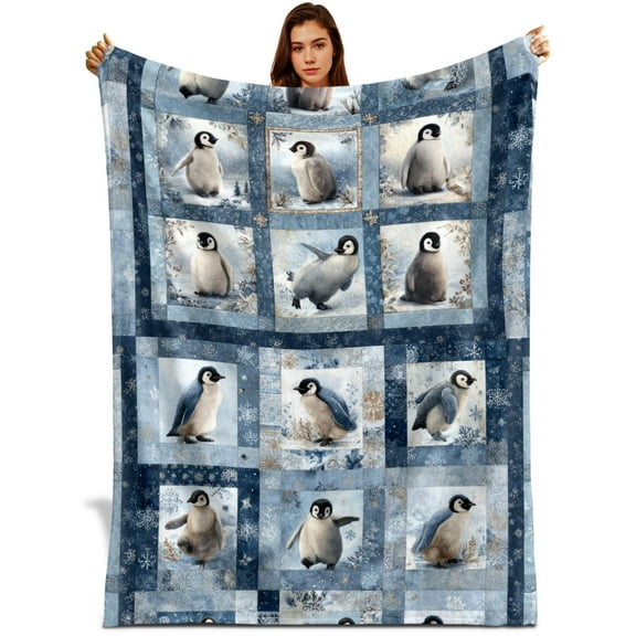 Cute Penguin Fleece Throw Blanket  Winter Animal Patchwork Design, Cozy Soft Blanket with Snowflakes for Christmas, Holiday, Throw For Bedroom, Sofa or Couch