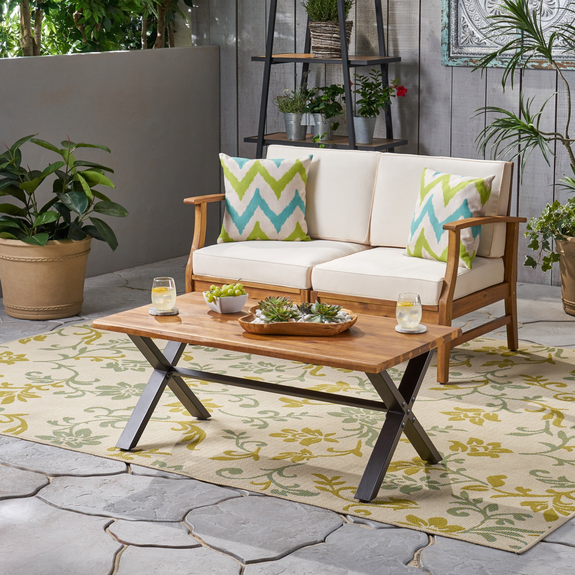 Wood Coffee Table for Living Room,Farmhouse Coffee Table with Metal Base for Living Room,Outdoor,18'' H X 27.25'' W X 43.25'' L