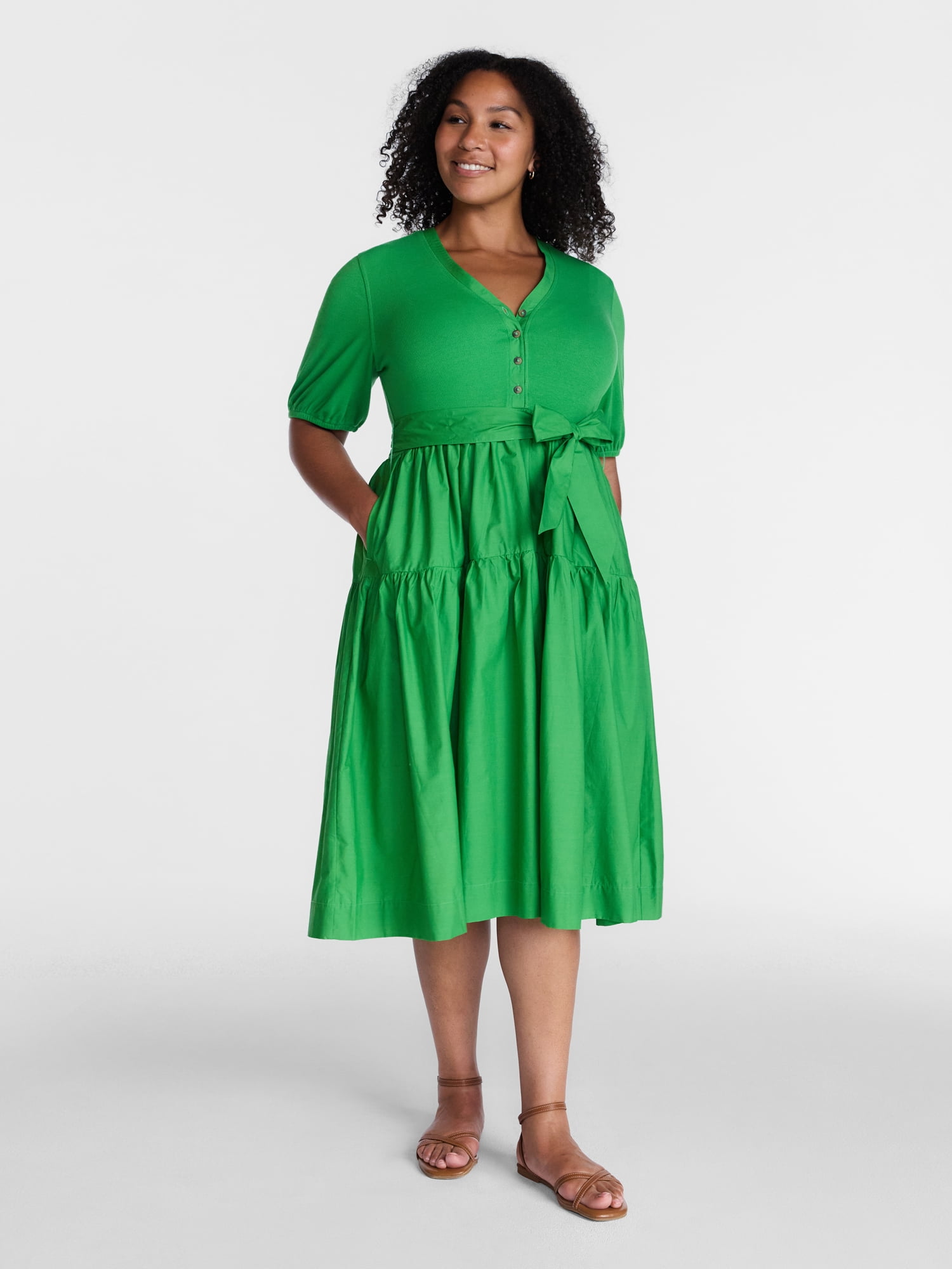 Time and Tru Women's Mixed Media Midi Dress with Puff Sleeves, Sizes XS-XXXL