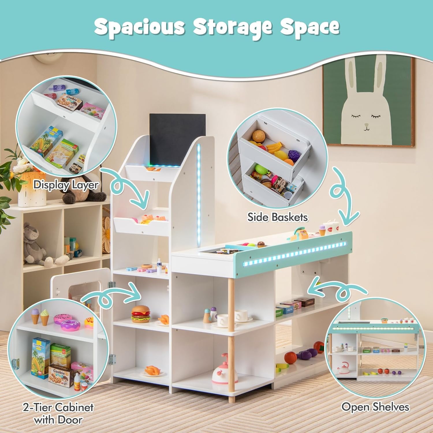 OLAKIDS Kids Grocery Store Playset, Wooden Pretend Play Supermarket with LED Lights Manual Conveyor Belt Play Food Accessories Blackboard Cash Register, Market Stand Toy for Toddler Boys Girls